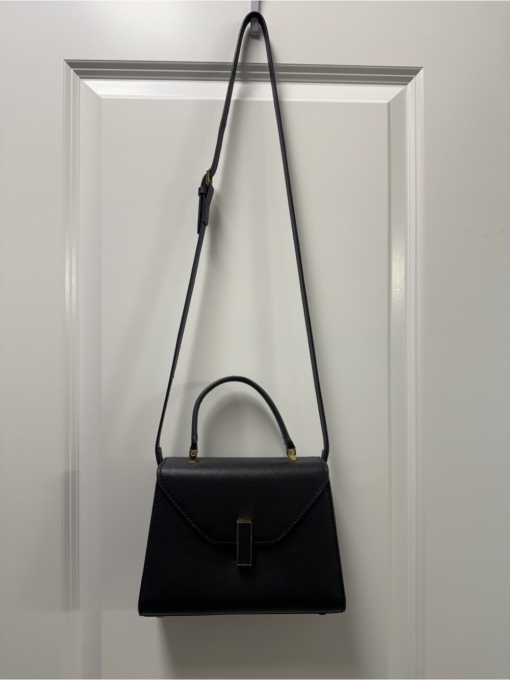 Structured Black Leather Top-Handle Crossbody Bag